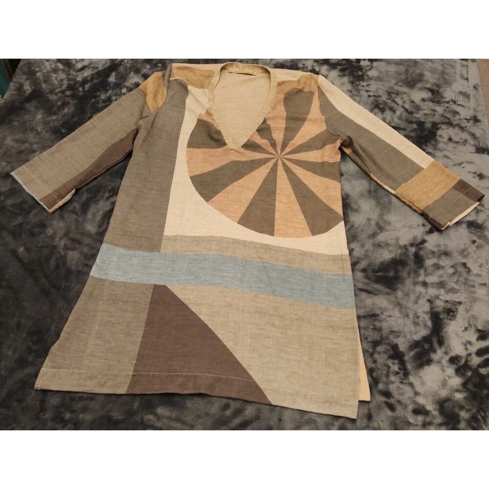 ZARA Graphic Print Blue And Beige Tunic Top / Blouse Size M